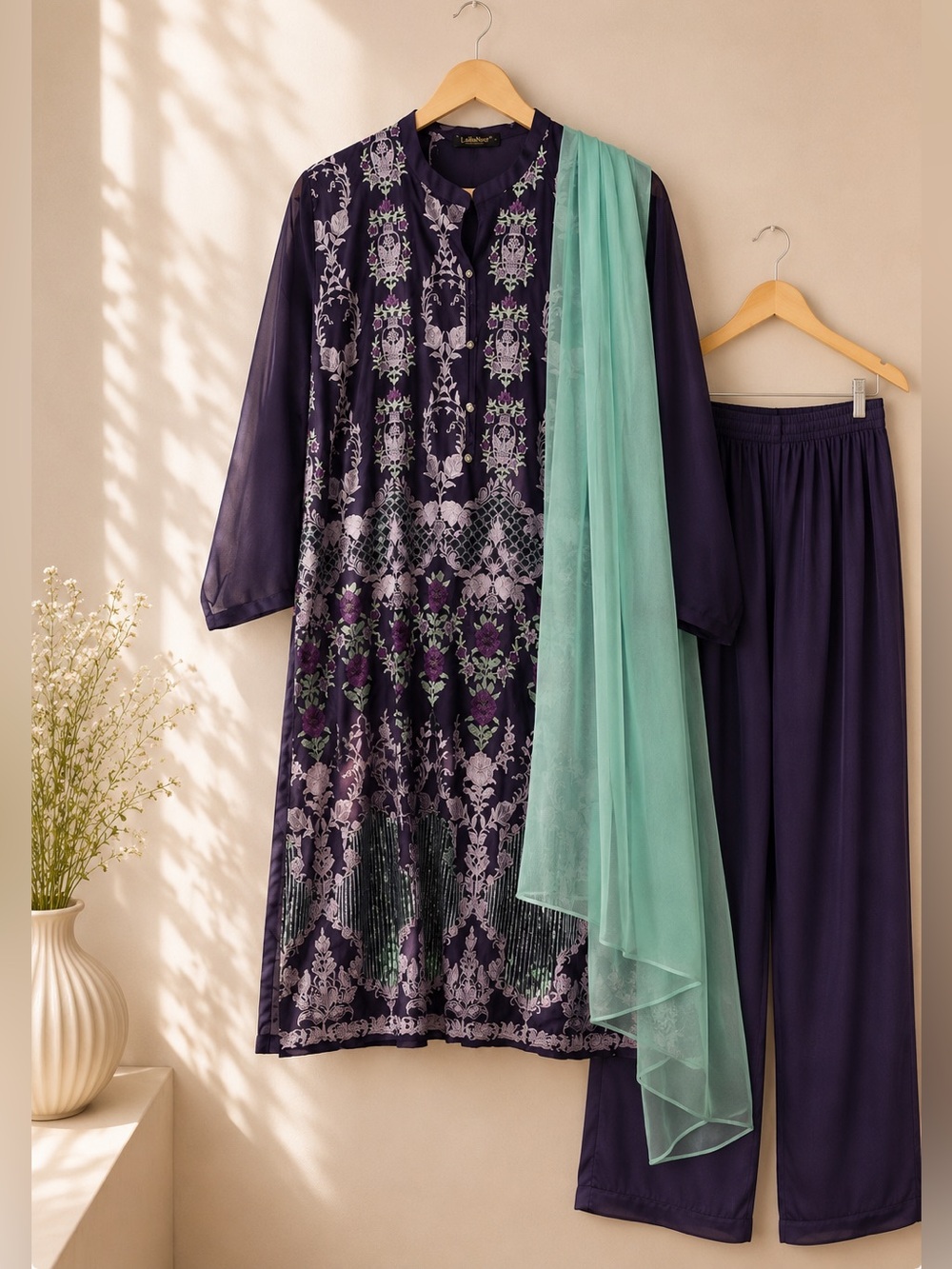Indian/Pakistani Embroidered Purple Teal Floral Salwar Kurta (3 piece set)